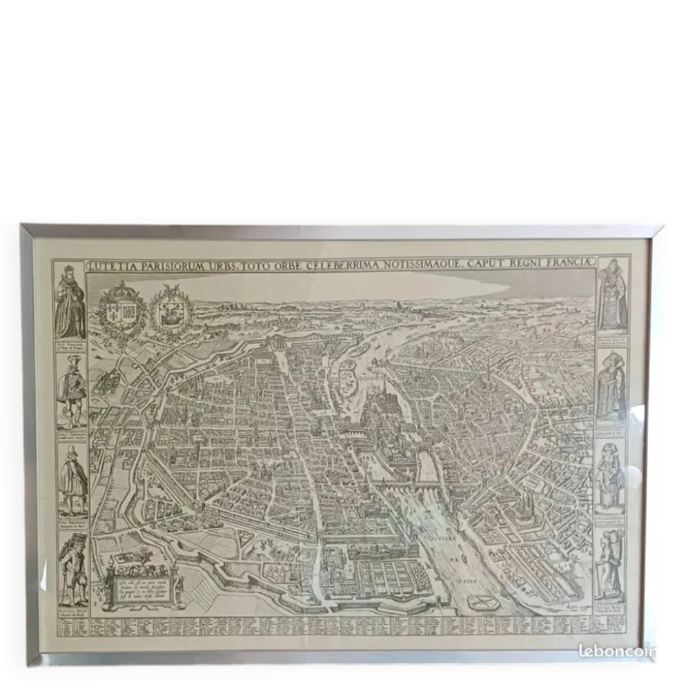 Affiche ancien plan de Paris - cadre inox