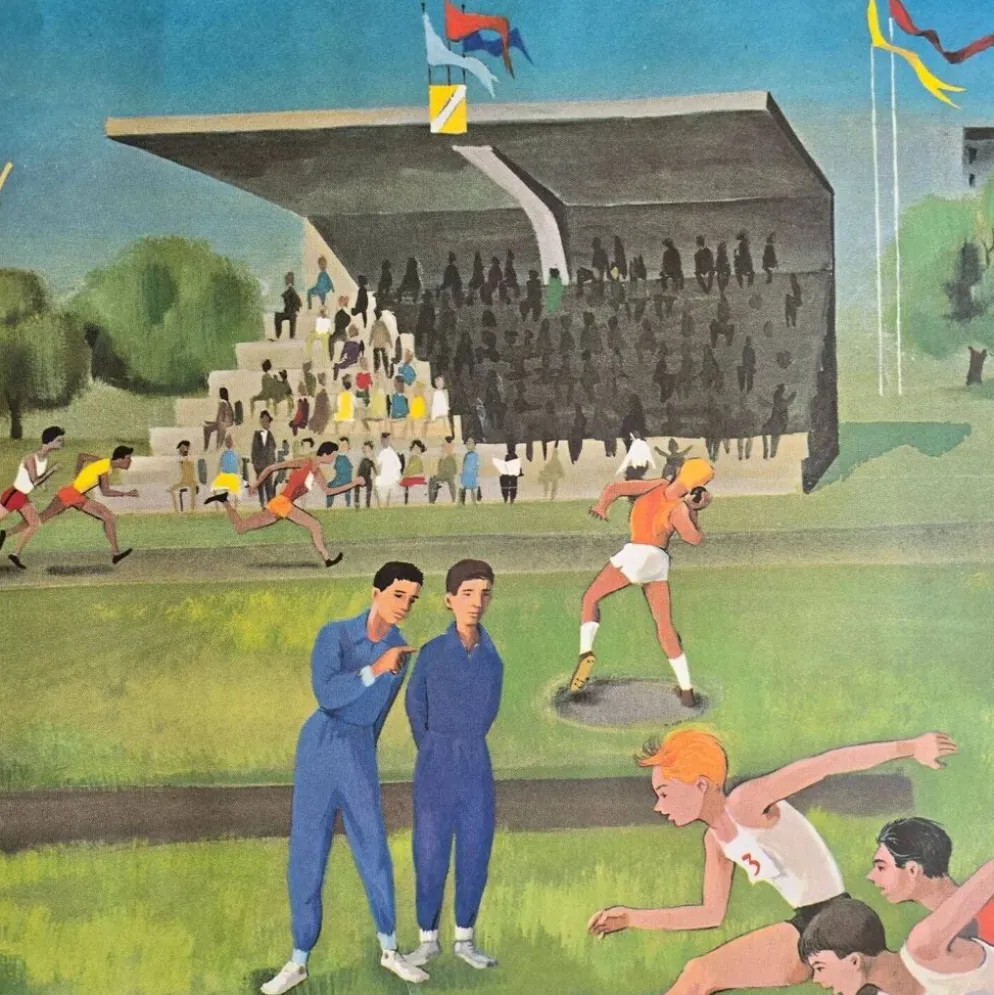 Affiche scolaire ancienne Ogé-Hachette Le Stade & La Ménagerie – Années 60
