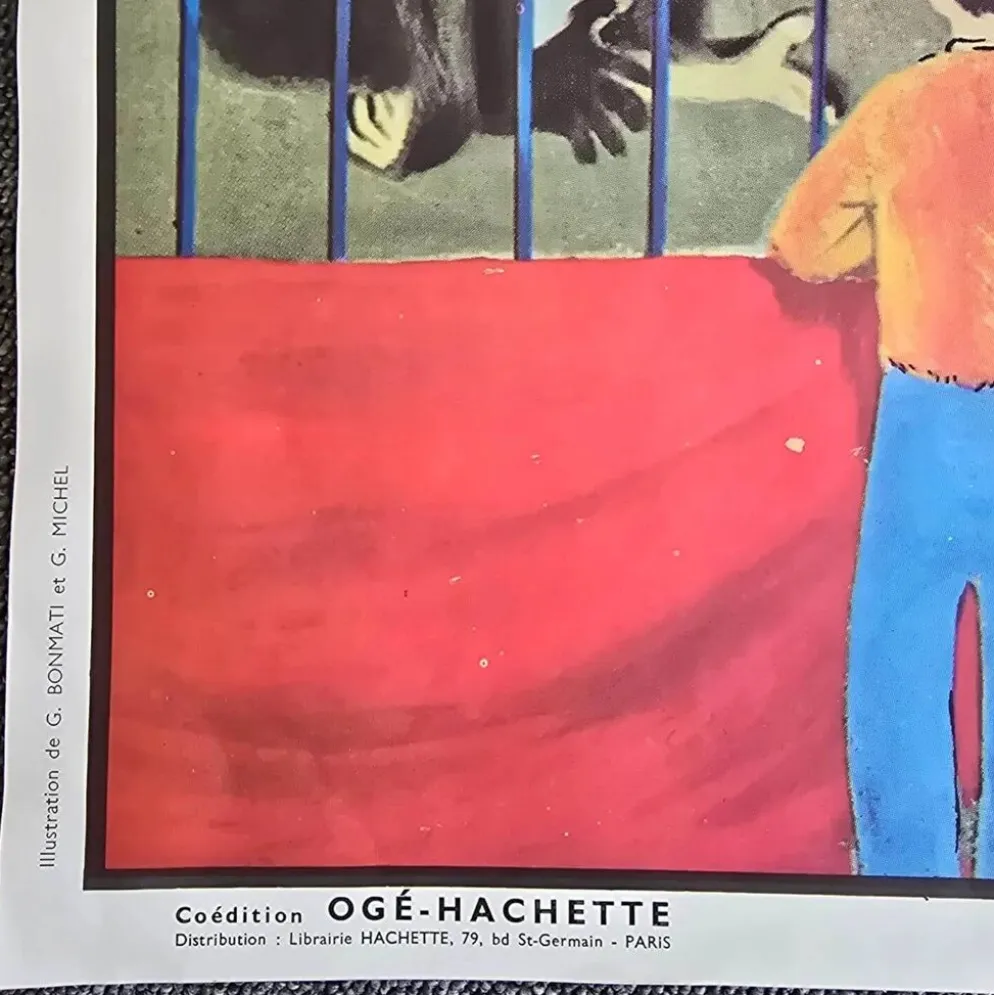 Affiche scolaire ancienne Ogé-Hachette Le Stade & La Ménagerie – Années 60