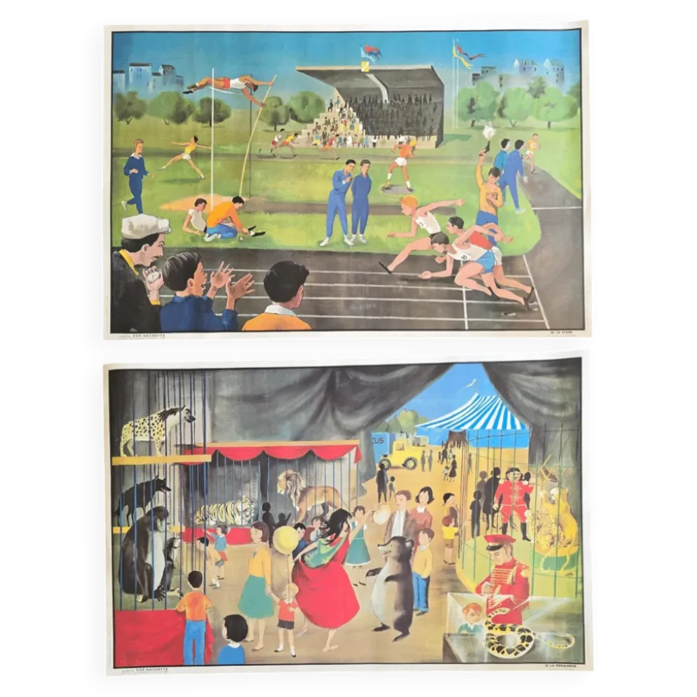 Affiche scolaire ancienne Ogé-Hachette Le Stade & La Ménagerie – Années 60