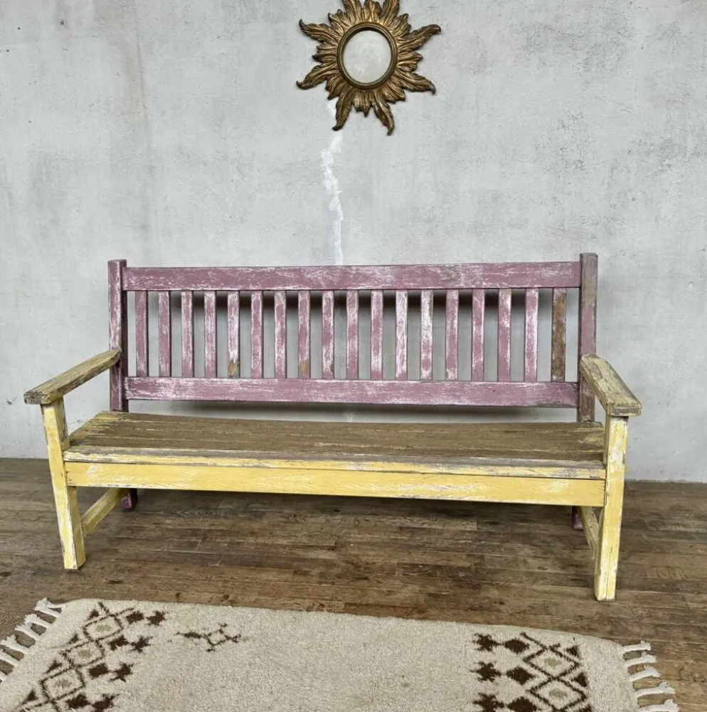 Ancien banc de bistrot à dossier en chêne