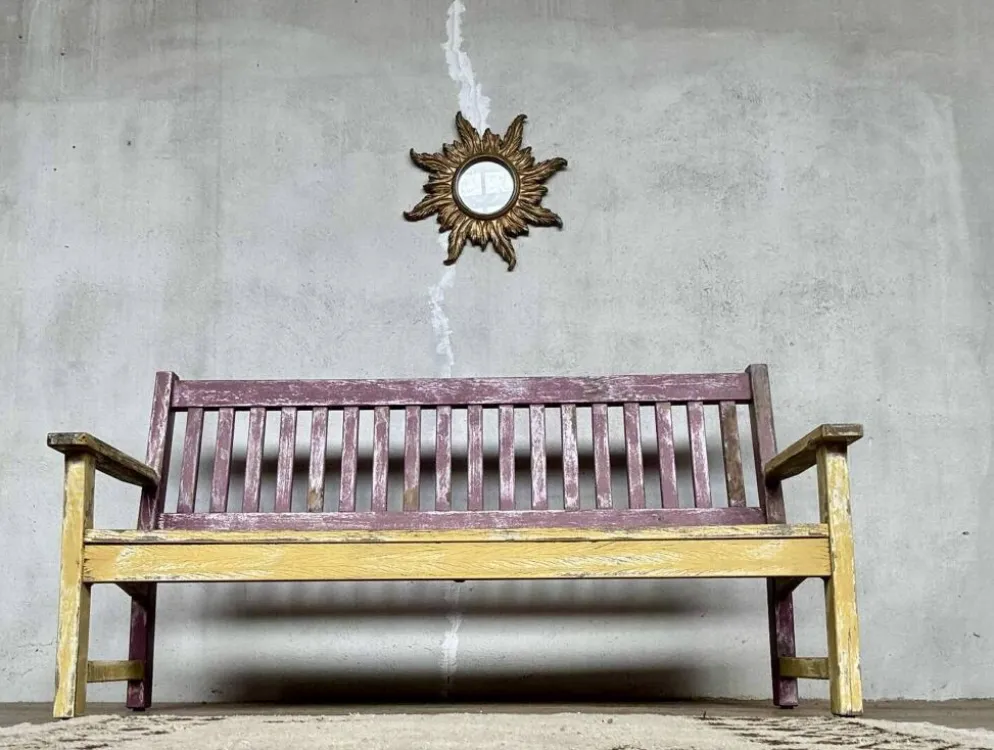 Ancien banc de bistrot à dossier en chêne