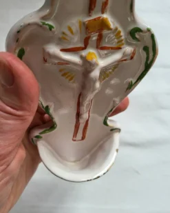 Ancien Bénitier en Faïence Croix Christ