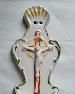 Ancien Bénitier en Faïence Croix Christ