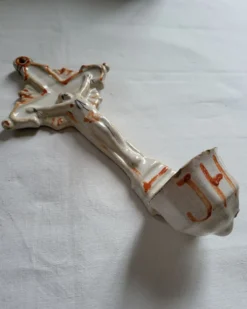 Ancien Bénitier en Faïence Croix Jésus Christ JHS