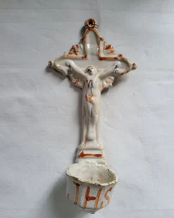 Ancien Bénitier en Faïence Croix Jésus Christ JHS