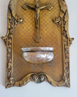 Ancien Bénitier Mural en Bronze Style Louis XVI Crucifix Croix