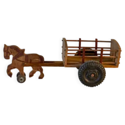 Ancien jouet en bois à tirer, attelage cheval et charrette, années 60
