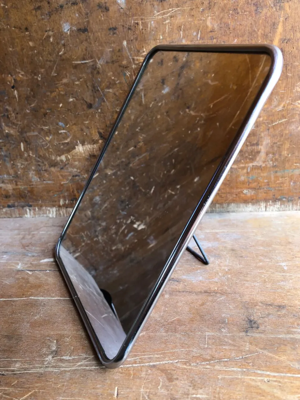 Ancien miroir barbier contour alu + trépied décoration années 50 vintage