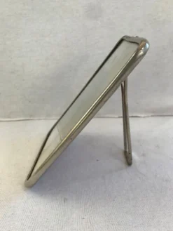 Ancien miroir barbier contour alu + trépied + fond marron décoration vintage
