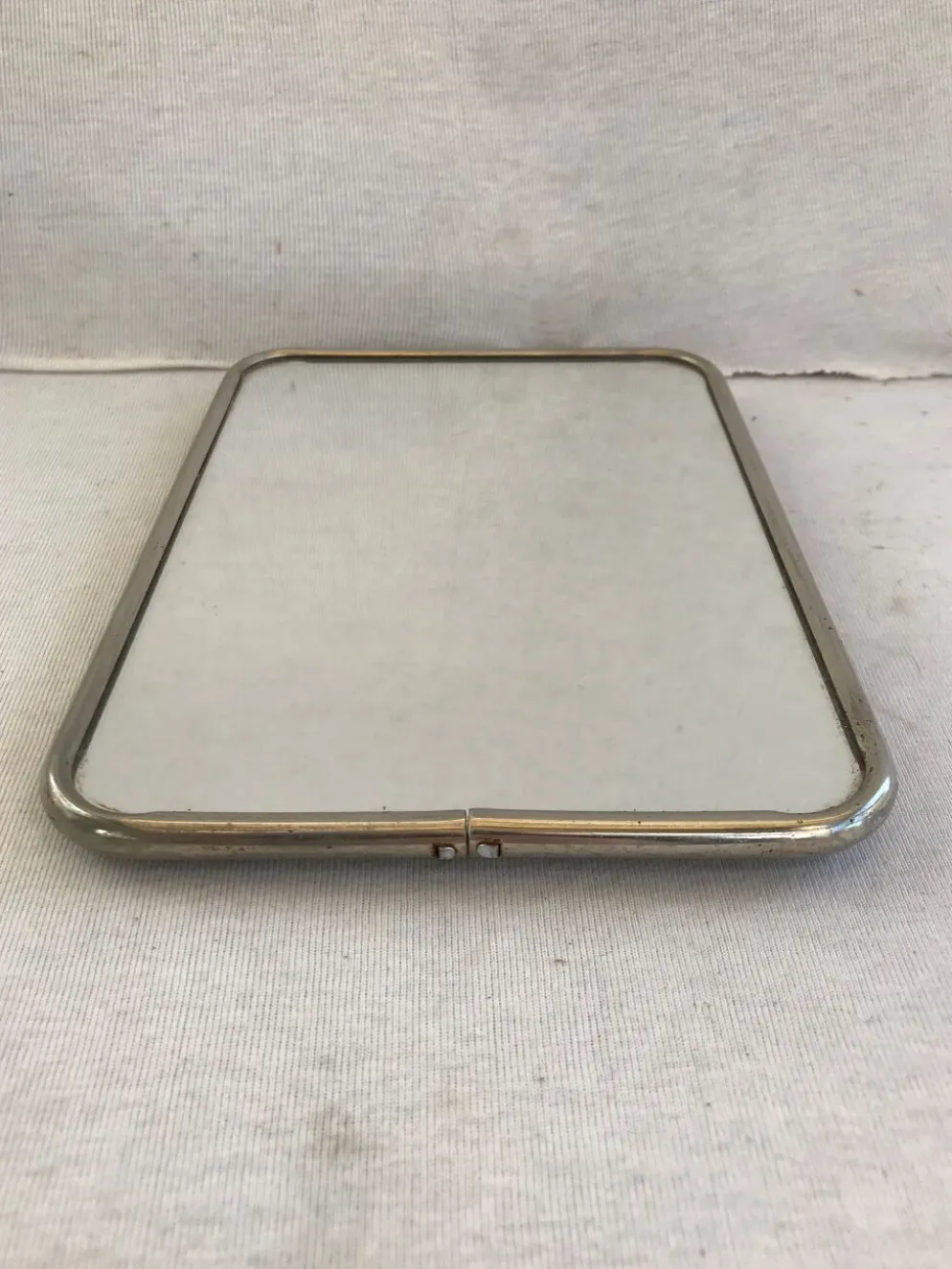 Ancien miroir barbier contour alu + trépied décoration vintage