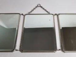 Ancien miroir de barbier triptyque, cadre métal et dos simili cuir 1930