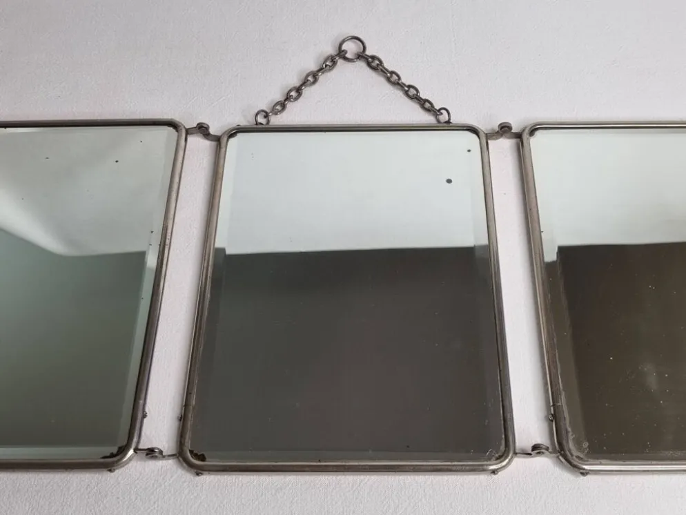 Ancien miroir de barbier triptyque, cadre métal et dos simili cuir 1930