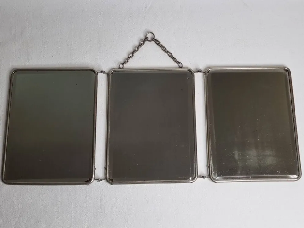 Ancien miroir de barbier triptyque, cadre métal et dos simili cuir 1930
