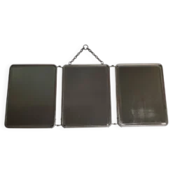 Ancien miroir de barbier triptyque, cadre métal et dos simili cuir 1930