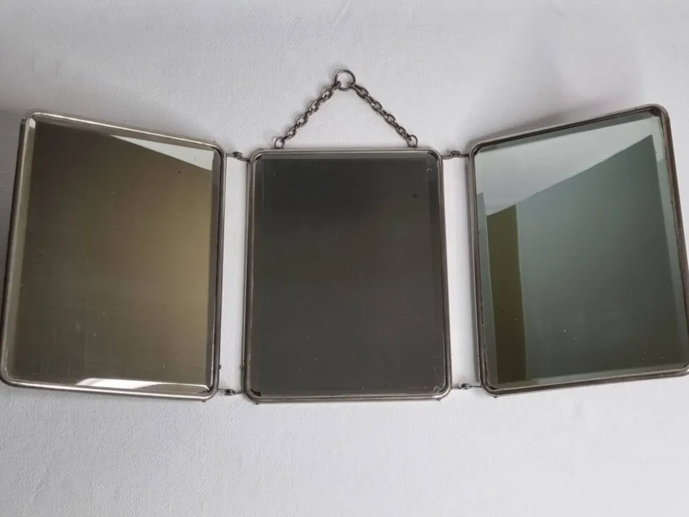 Ancien miroir de barbier triptyque, cadre métal et dos simili cuir 1930
