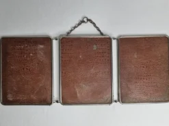 Ancien miroir de barbier triptyque, cadre métal et dos simili cuir 1930