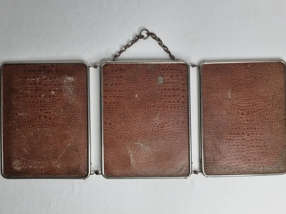 Ancien miroir de barbier triptyque, cadre métal et dos simili cuir 1930