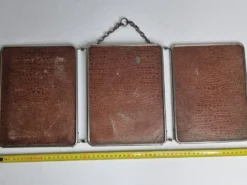 Ancien miroir de barbier triptyque, cadre métal et dos simili cuir 1930