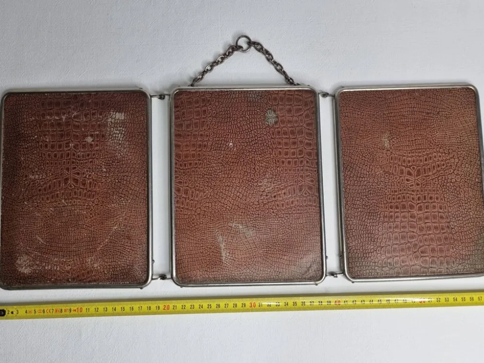 Ancien miroir de barbier triptyque, cadre métal et dos simili cuir 1930
