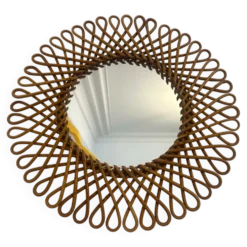 Ancien miroir en rotin Art Vannerie vintage