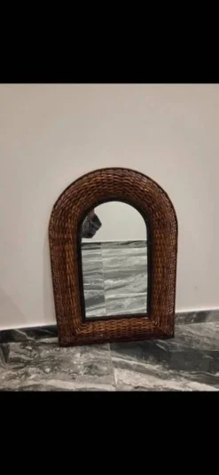 Ancien miroir vintage italien tressé en osier et fer