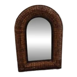 Ancien miroir vintage italien tressé en osier et fer