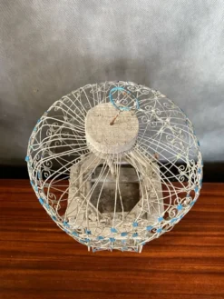 Ancienne Cage A Oiseaux Montgolfière Bois + Metal Blanc Bleu Deco Vintage