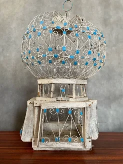 Ancienne Cage A Oiseaux Montgolfière Bois + Metal Blanc Bleu Deco Vintage