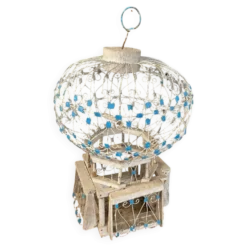 Ancienne Cage A Oiseaux Montgolfière Bois + Metal Blanc Bleu Deco Vintage