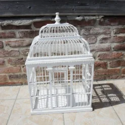 Ancienne cage à oiseau décorative en bois blanc