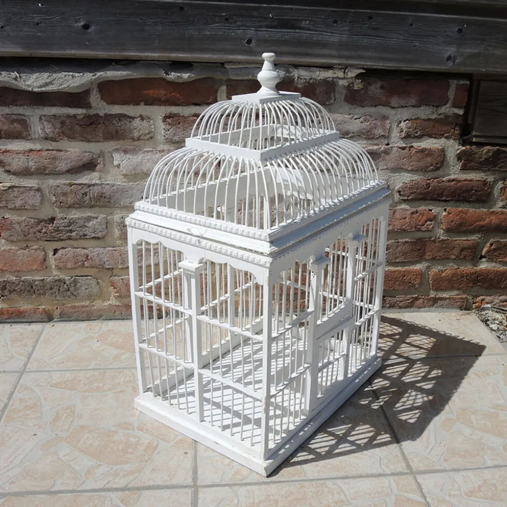 Ancienne cage à oiseau décorative en bois blanc