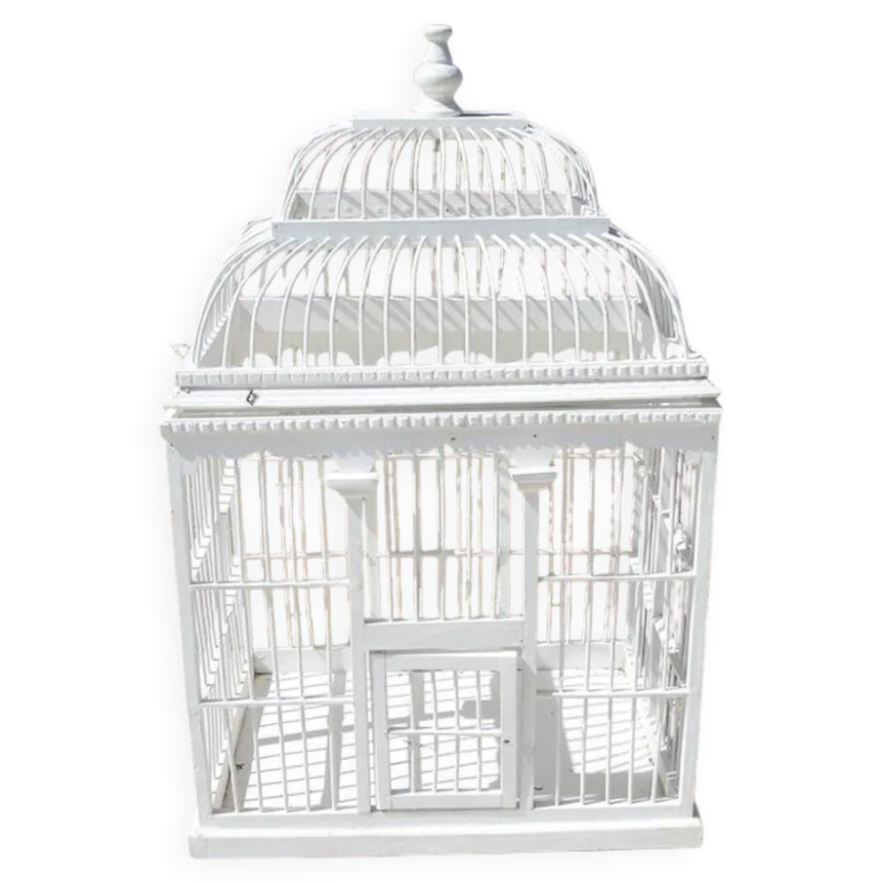 Ancienne cage à oiseau décorative en bois blanc