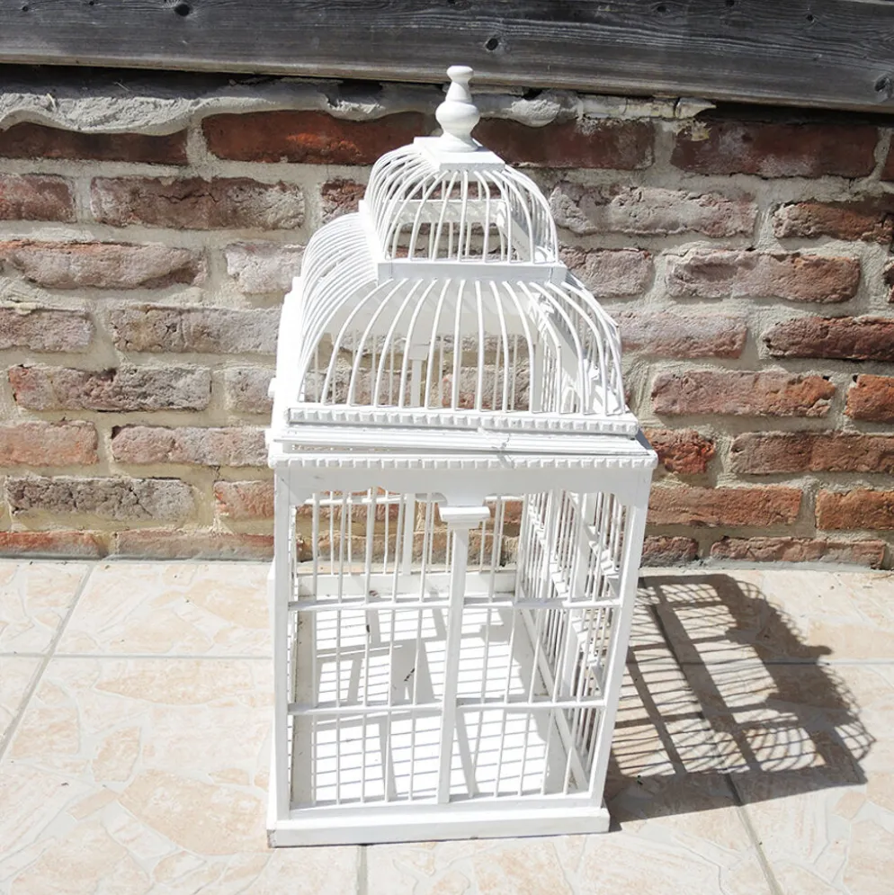 Ancienne cage à oiseau décorative en bois blanc