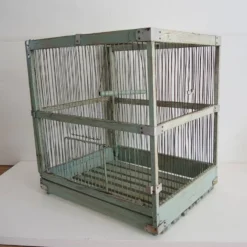 Ancienne cage à oiseaux en bois & métal vert d’eau
