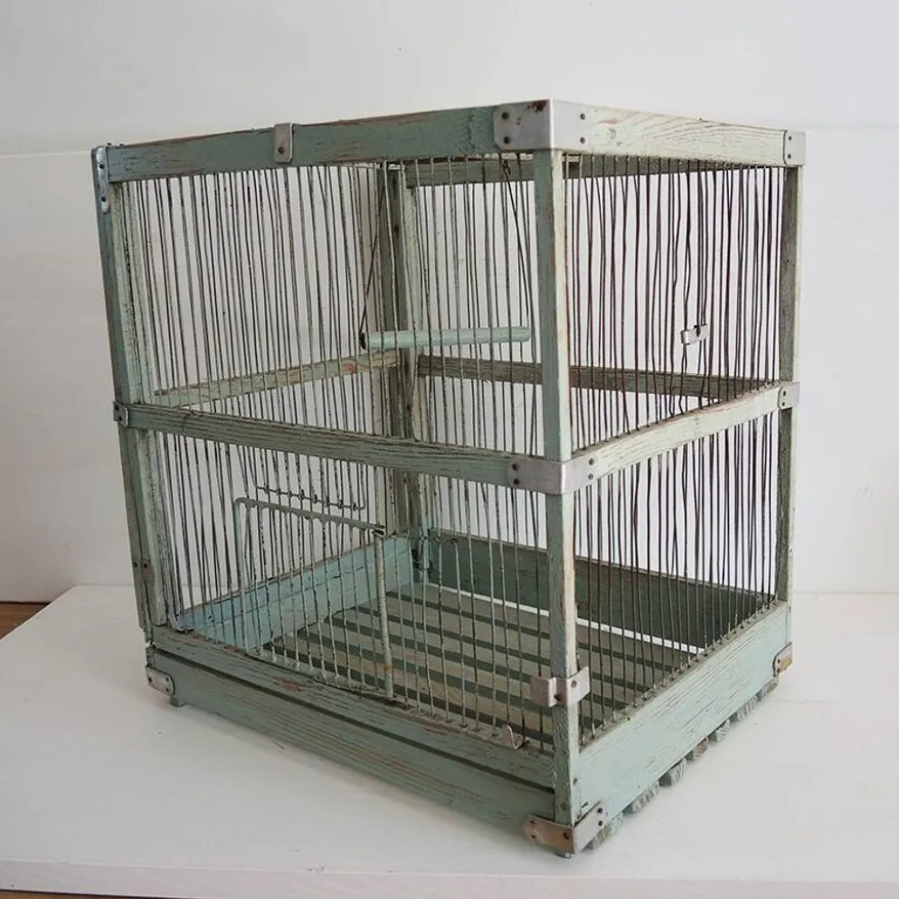 Ancienne cage à oiseaux en bois & métal vert d’eau