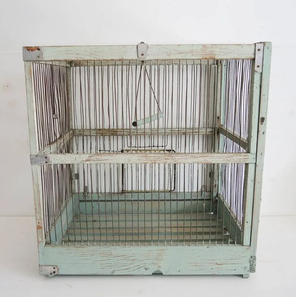 Ancienne cage à oiseaux en bois & métal vert d’eau