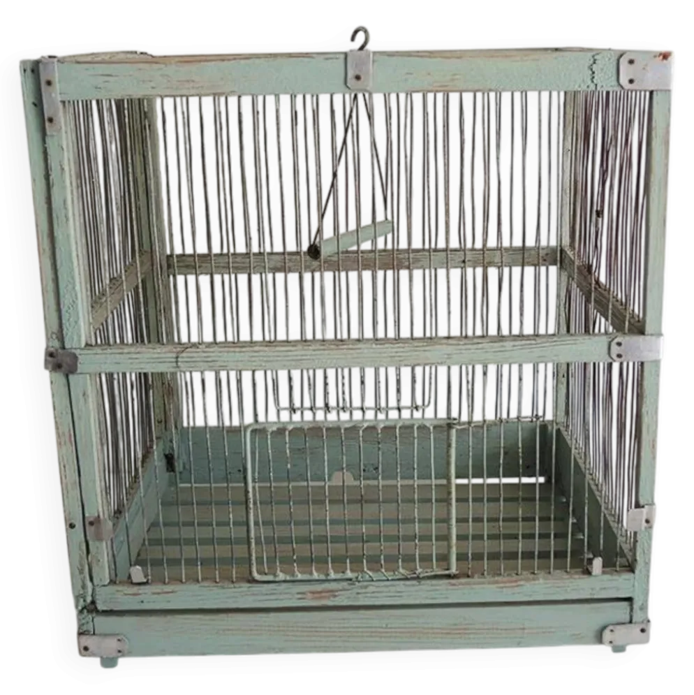 Ancienne cage à oiseaux en bois & métal vert d’eau