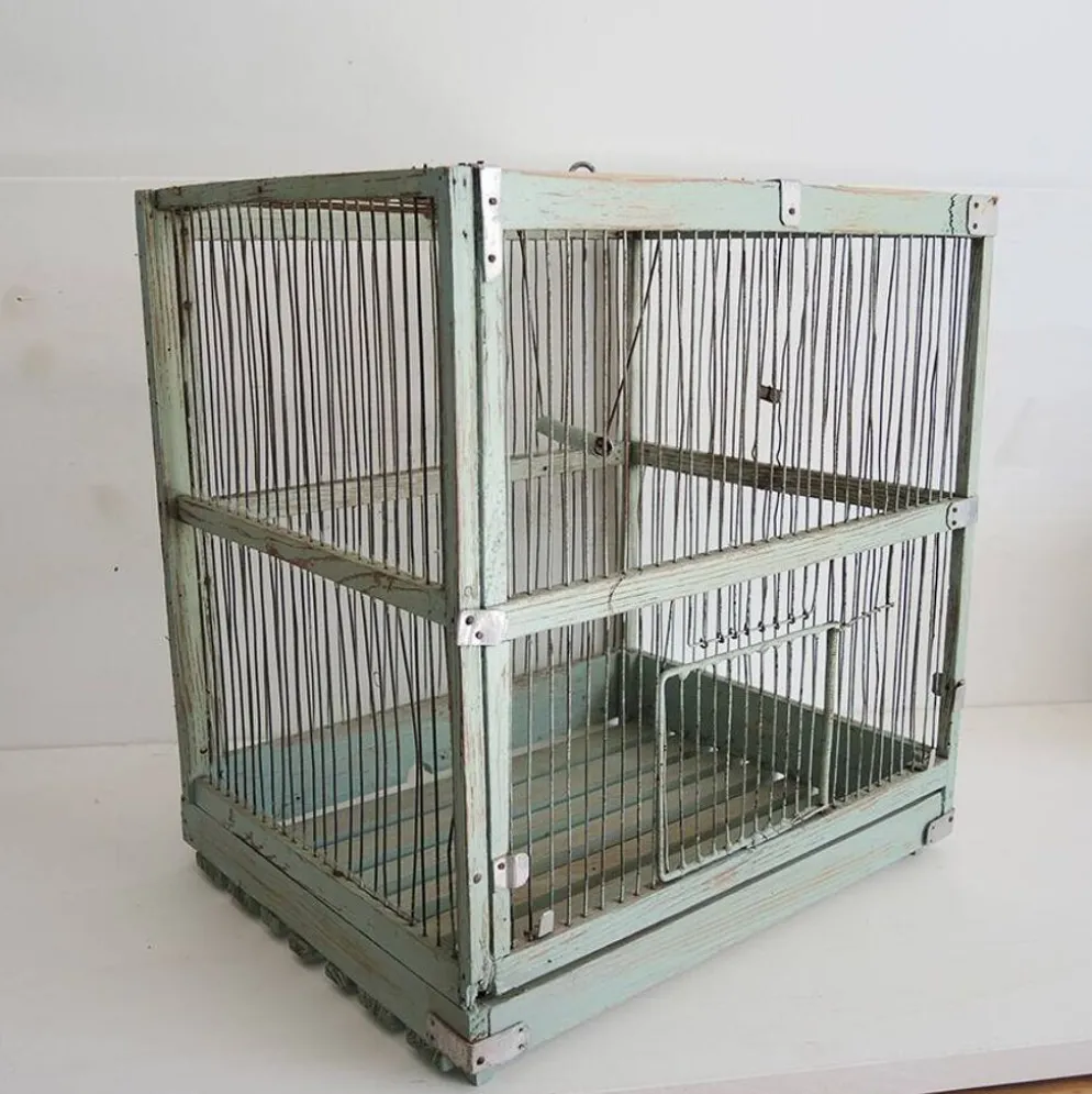 Ancienne cage à oiseaux en bois & métal vert d’eau