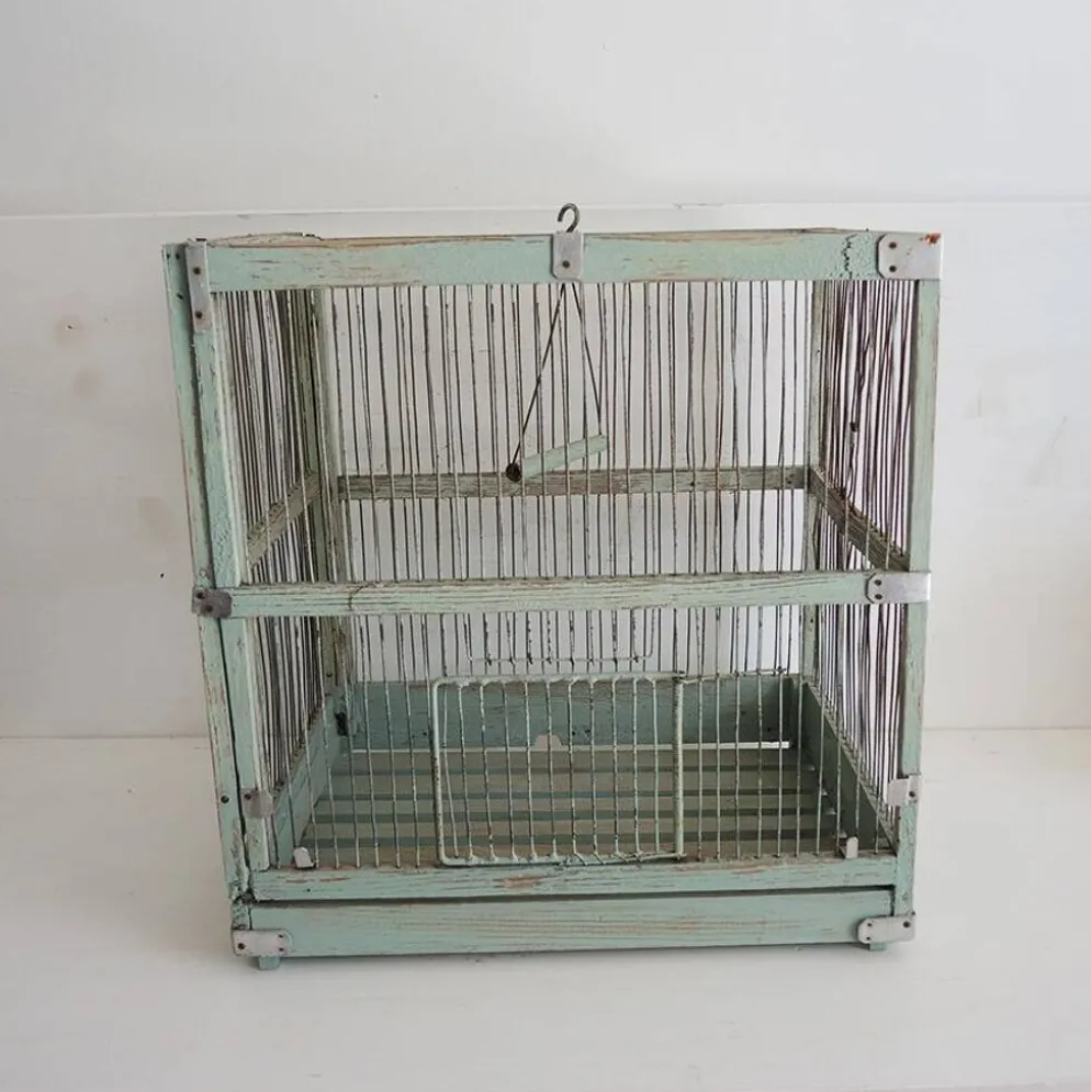 Ancienne cage à oiseaux en bois & métal vert d’eau