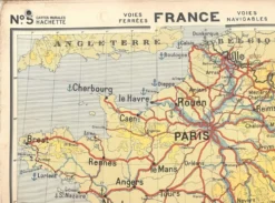 Ancienne carte scolaire Hachette 5, 1940 - France voies ferrées (trains)