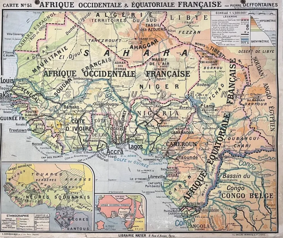 Ancienne carte scolaire Hatier 51, 1930, Afrique occidentale équatoriale
