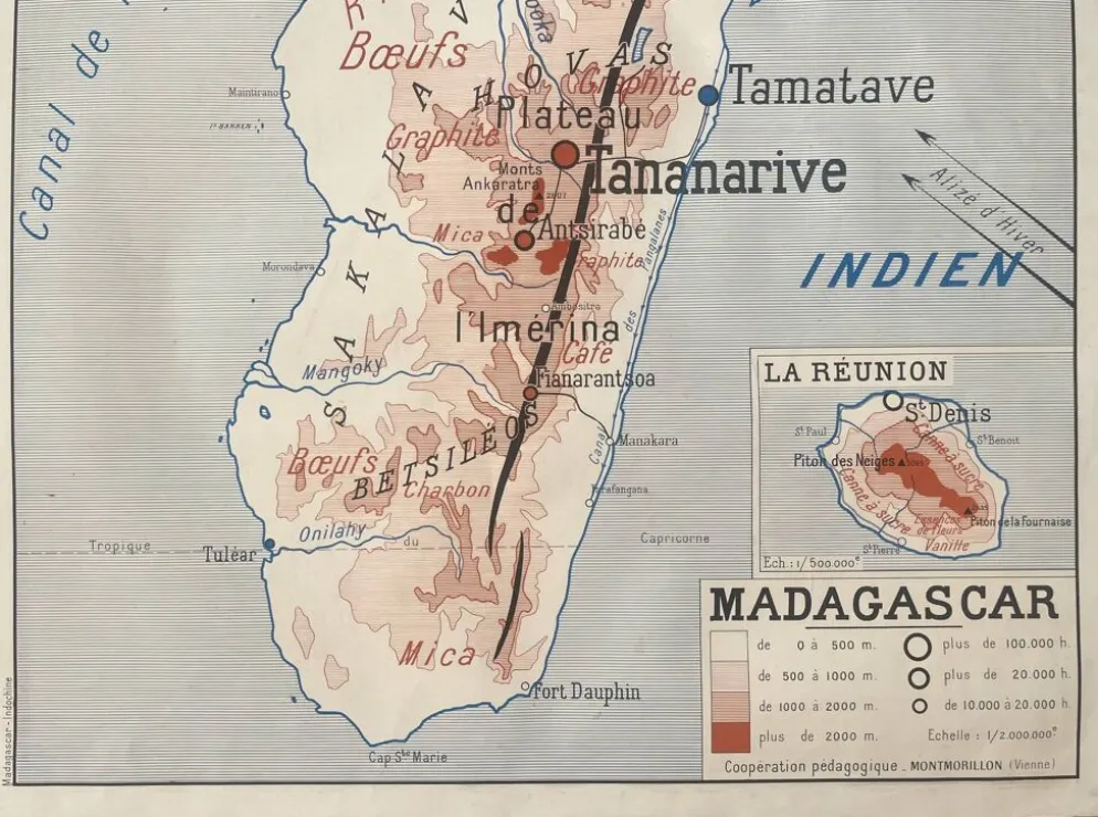 Ancienne carte scolaire Rossignol Nalliers, 1950 - Indochine, Madagascar