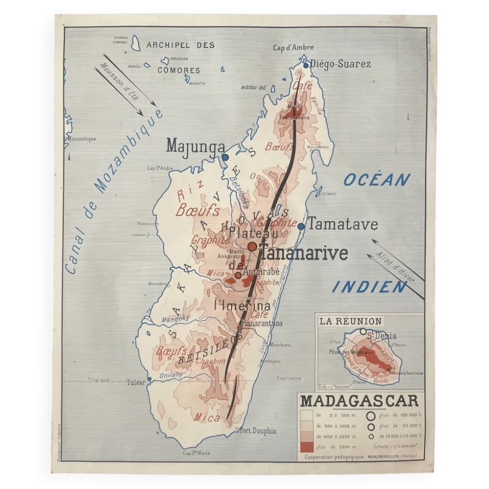 Ancienne carte scolaire Rossignol Nalliers, 1950 - Indochine, Madagascar