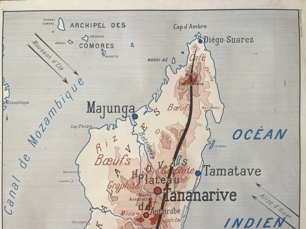 Ancienne carte scolaire Rossignol Nalliers, 1950 - Indochine, Madagascar