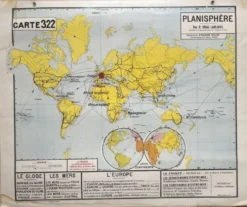 Ancienne carte scolaire Vidal-Lablache 322, 1960 - Planisphère monde, Out