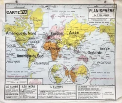 Ancienne carte scolaire Vidal-Lablache 322, 1960 - Planisphère monde, Out