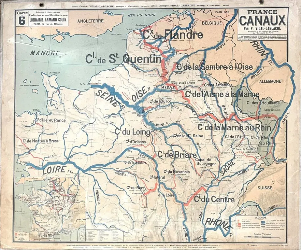 Ancienne carte scolaire Vidal Lablache 6, Mézières, T36, 1910 France Canaux