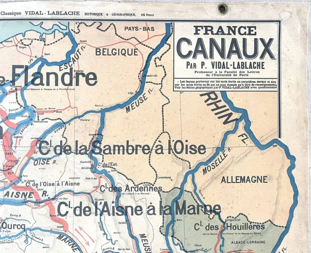 Ancienne carte scolaire Vidal Lablache 6, Mézières, T36, 1910 France Canaux