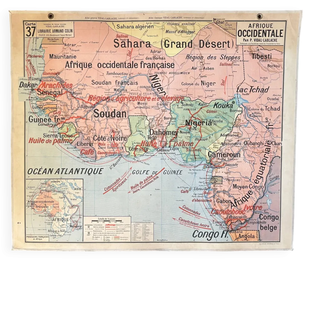 Ancienne carte scolaire Vidal-Lablache 37, T36, 1930 Afrique occidentale